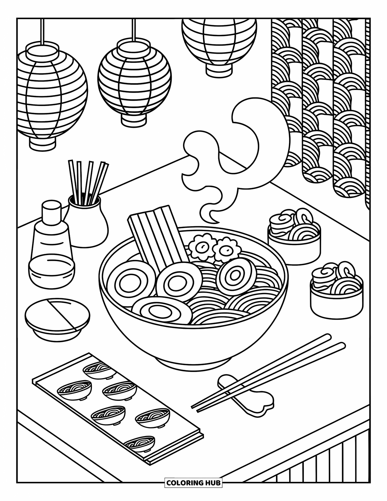 Coloriage d'aliments pour adultes : un bol de ramen avec des œufs, du narutomaki, des algues et des détails de noodle shop confortables