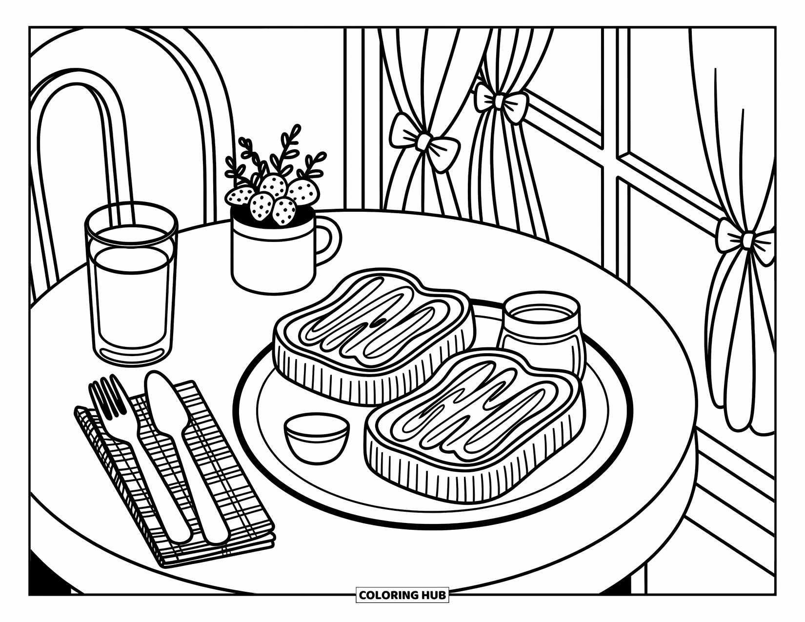 Coloriage d'aliments pour adultes : une charmante table de café avec des toasts, de la confiture et du jus à côté d'un rideau noué