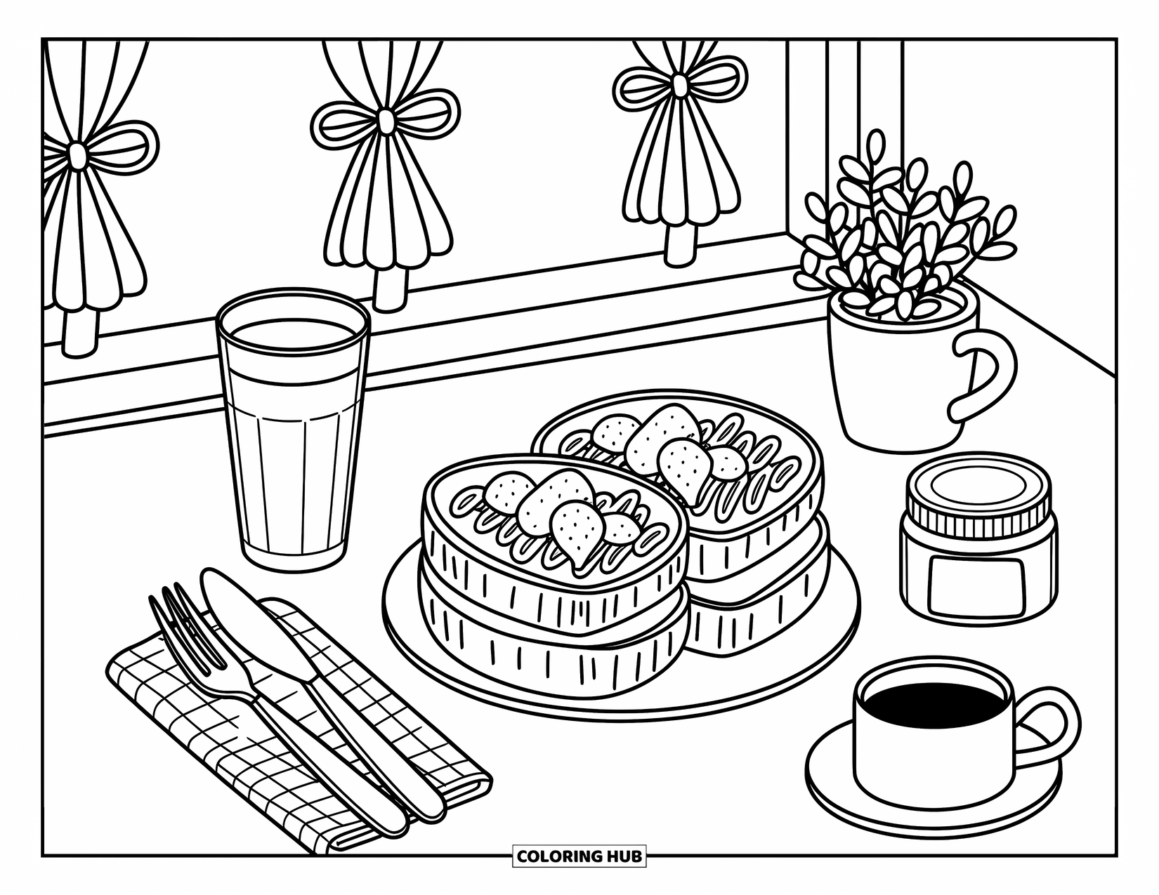 Coloriage d'aliments pour adultes : une table de café confortable avec des toasts, de la confiture, du beurre et du jus à côté d'une fenêtre ensoleillée