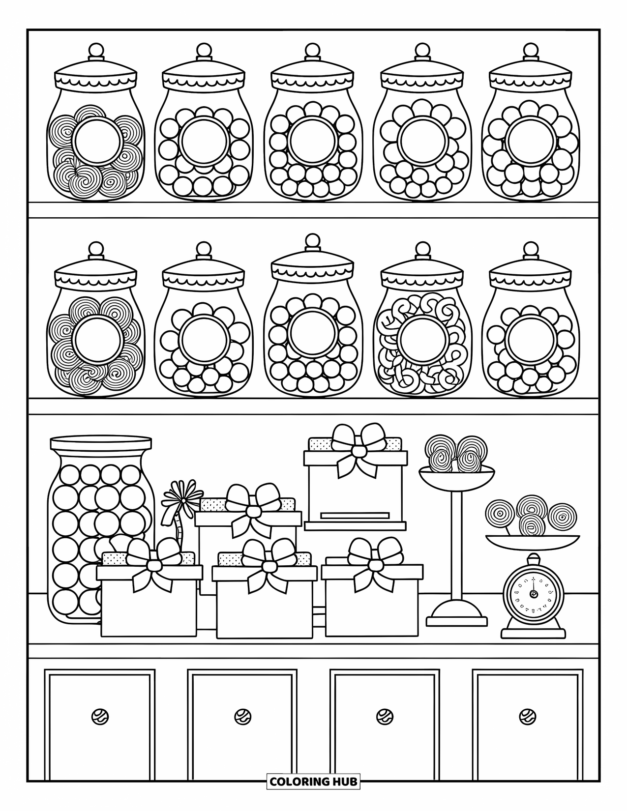 Coloriage d'aliments pour adultes : une scène de confiserie chaleureuse avec des bocaux de bonbons, des boîtes attachées et un joli comptoir