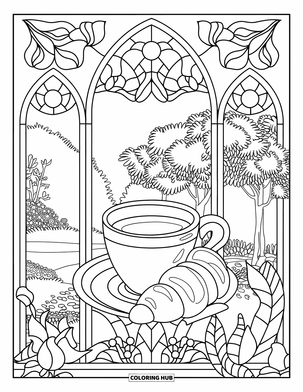 Coloriage d'aliments pour adultes : une scène chaleureuse avec un croissant, une tasse de café et des éléments de jardin dans des arches de vitrail