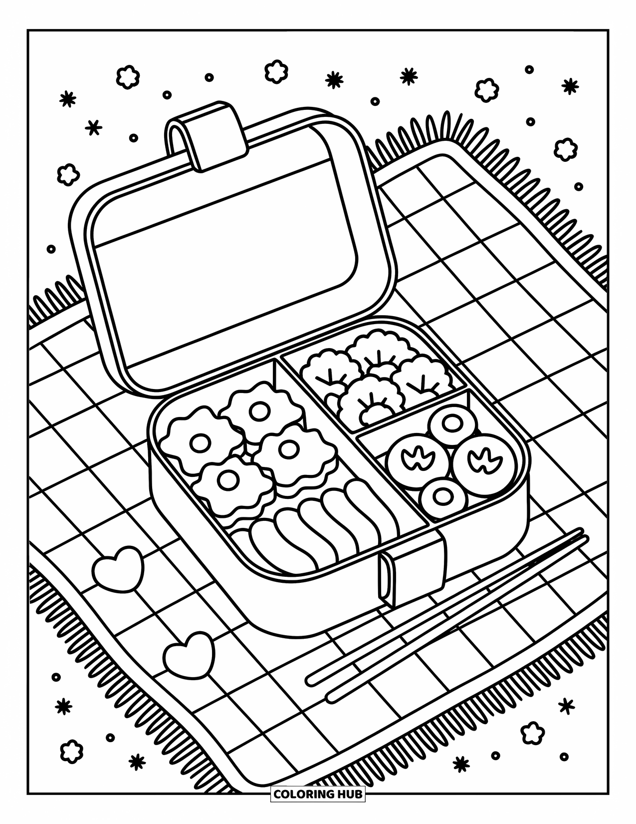 Coloriage d'aliments pour adultes : une jolie boîte à bento remplie d'étoiles de riz, de légumes et de tomates cerises sur un tissu