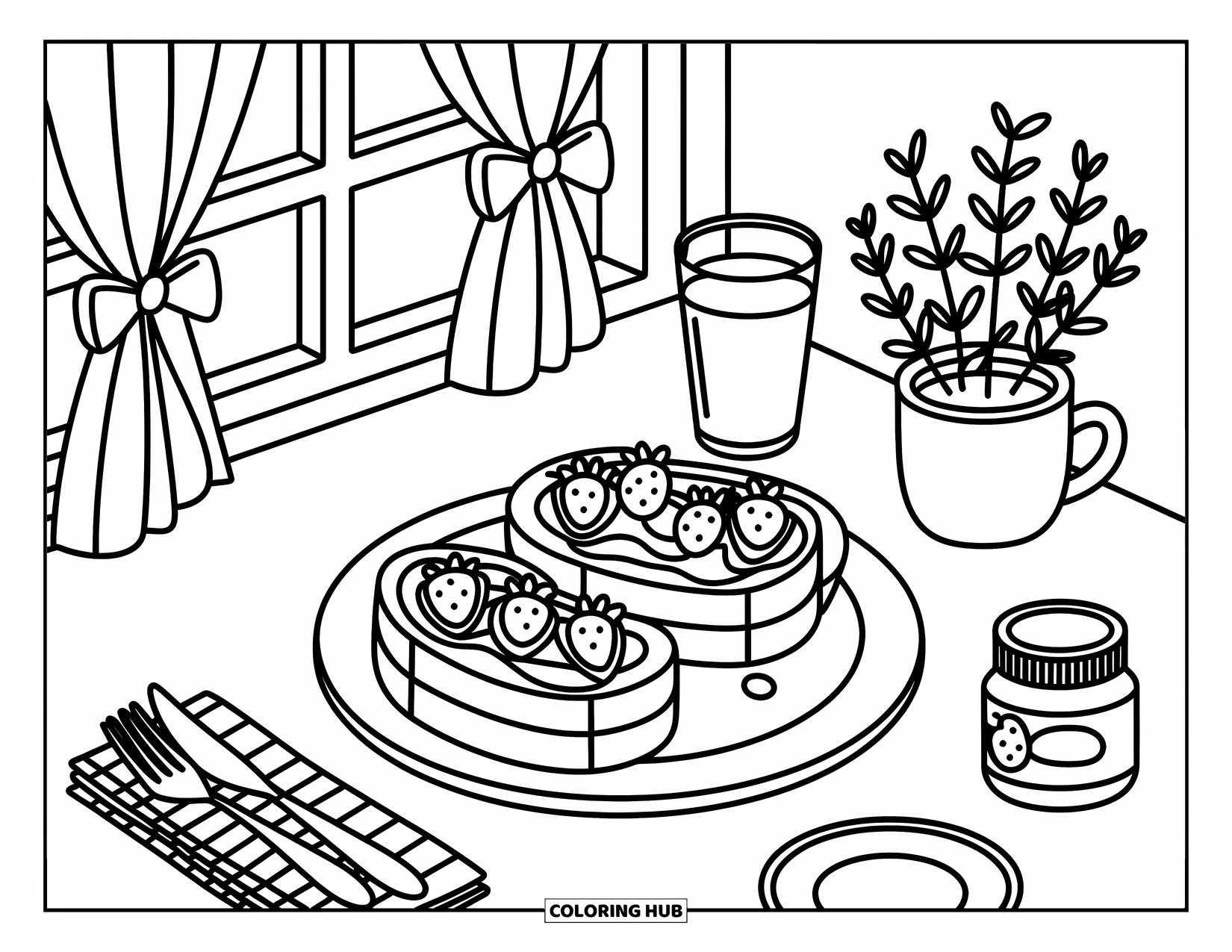 Coloriage d'aliments pour adultes : un délicieux petit-déjeuner avec des toasts, du jus et de jolis détails de café près d'une fenêtre ensoleillée