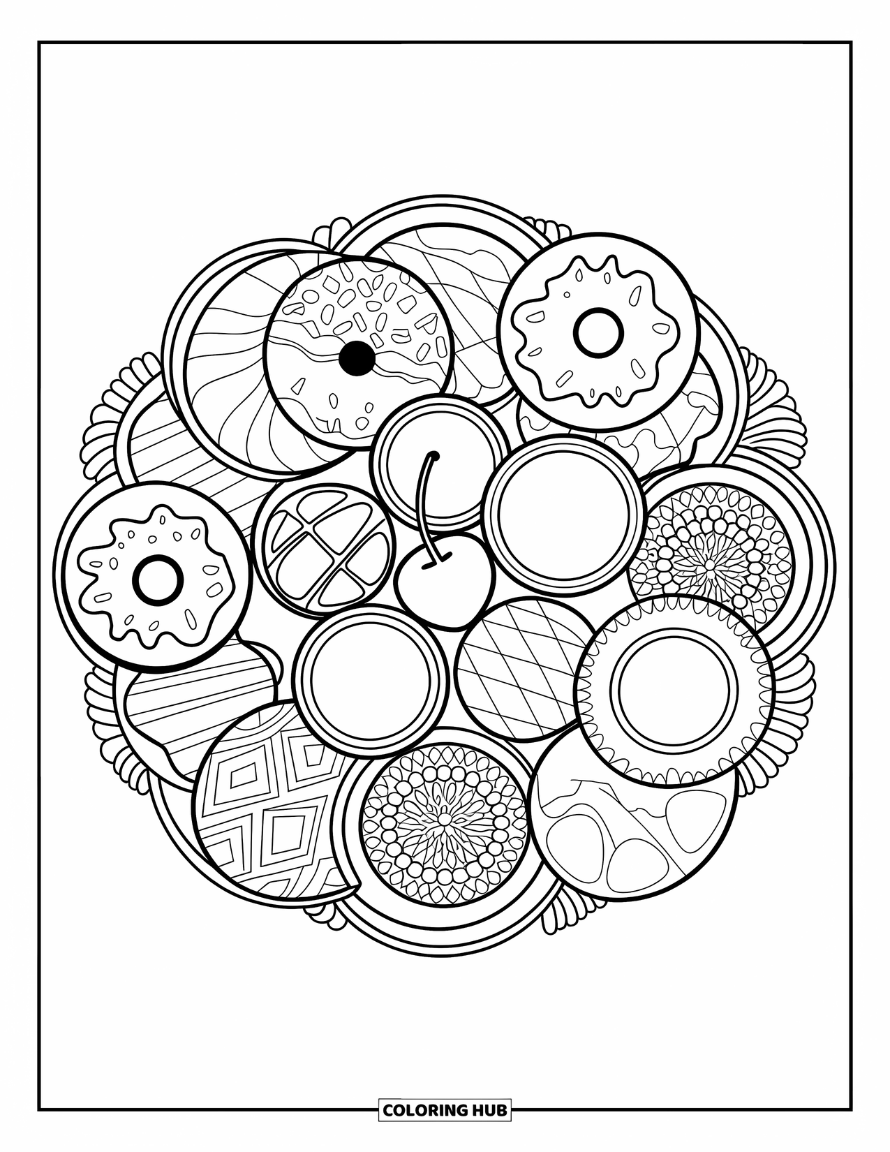 Coloriage d'aliments pour adultes : un mandala de desserts avec des tartes, des tartelettes, des biscuits et un centre de cerise