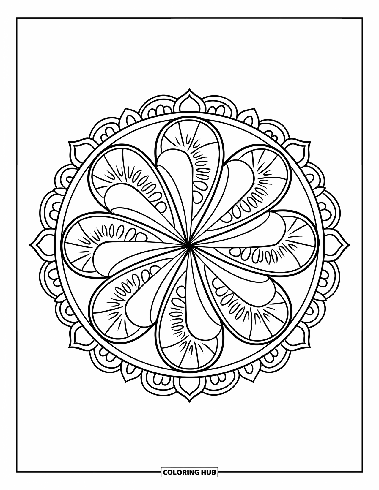 Coloriage d'aliments pour adultes : un mandala fruité avec des tranches d'orange, de kiwi, de fraises et de raisins