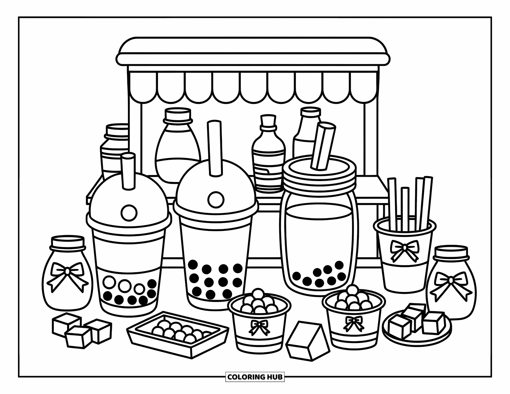 Coloriage d'aliments pour adultes : une scène de comptoir amusante avec du bubble tea, des garnitures de mochi et des bouteilles de sirop avec des nœuds