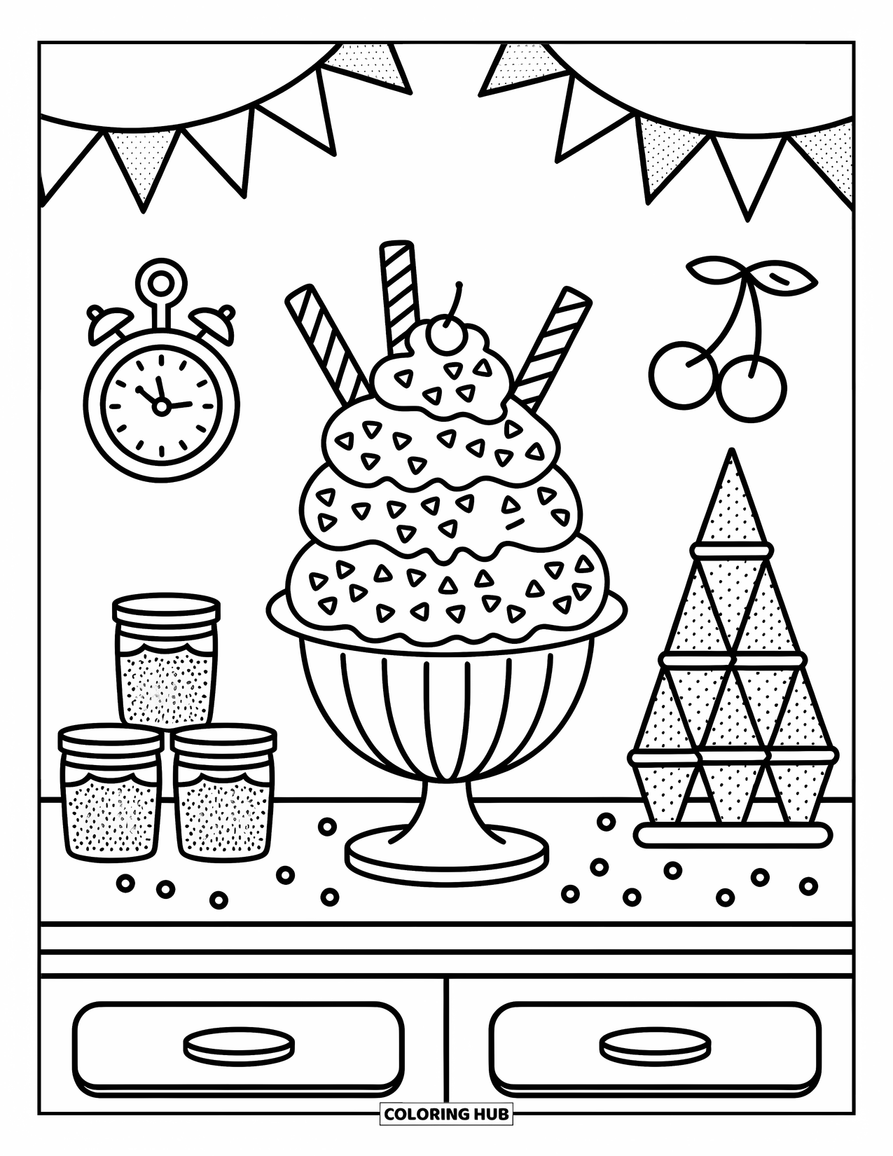 Coloriage d'aliments pour adultes : une scène de dessert amusante avec un grand sundae, des pots de vermicelles et des drapeaux suspendus