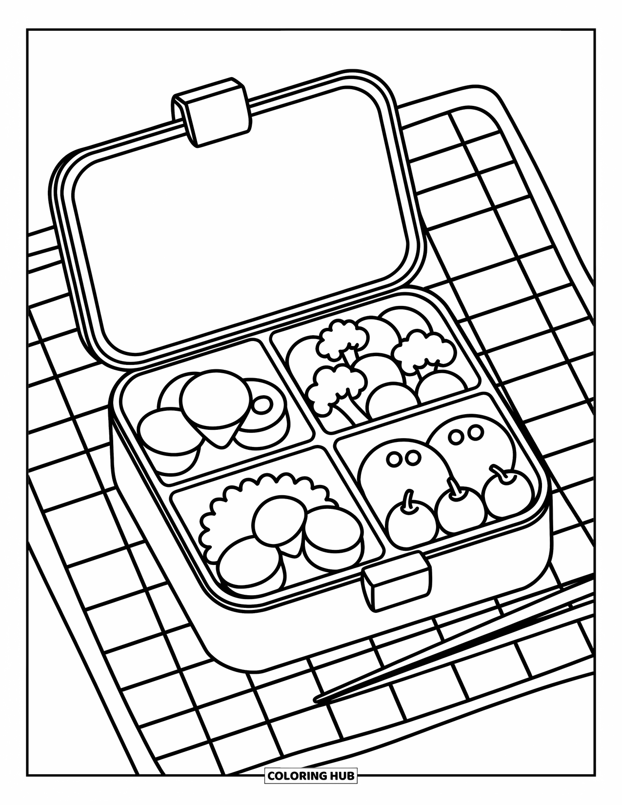 Coloriage d'aliments pour adultes : une scène de boîte à bento ludique avec de jolies formes d'aliments et des ambiances de pique-nique confortables