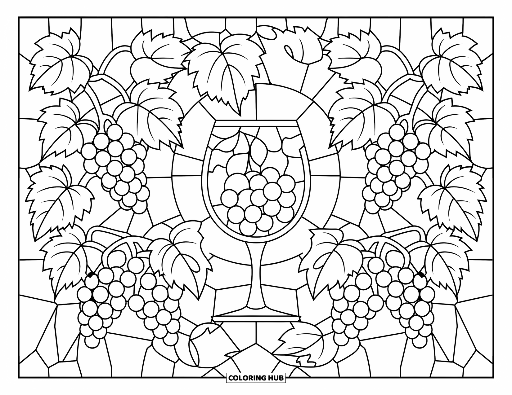 Coloriage d'aliments pour adultes : un motif de vitrail relaxant avec des vignes et un verre de vin rempli de raisins