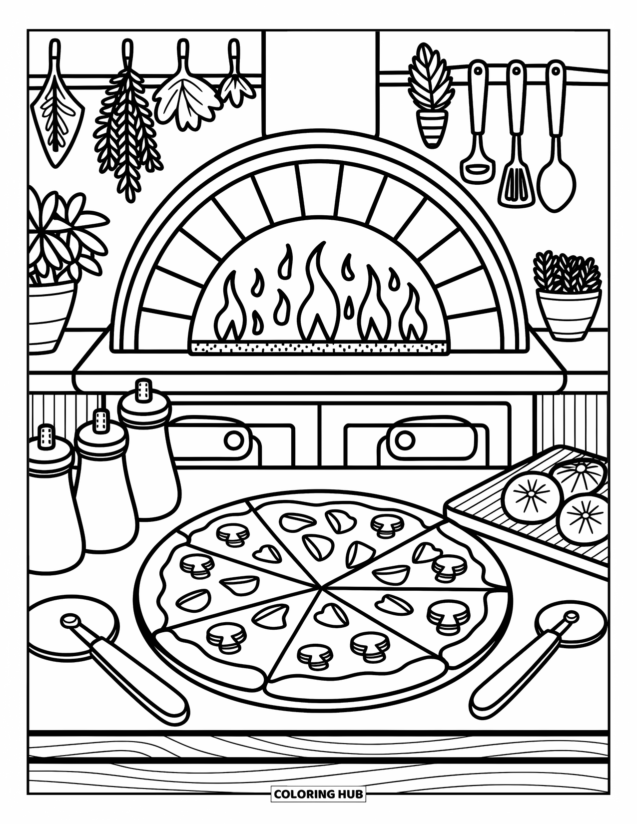 Coloriage d'aliments pour adultes : un comptoir à pizza rustique avec des parts de pizza au fromage, des nœuds à l'ail et un four lumineux