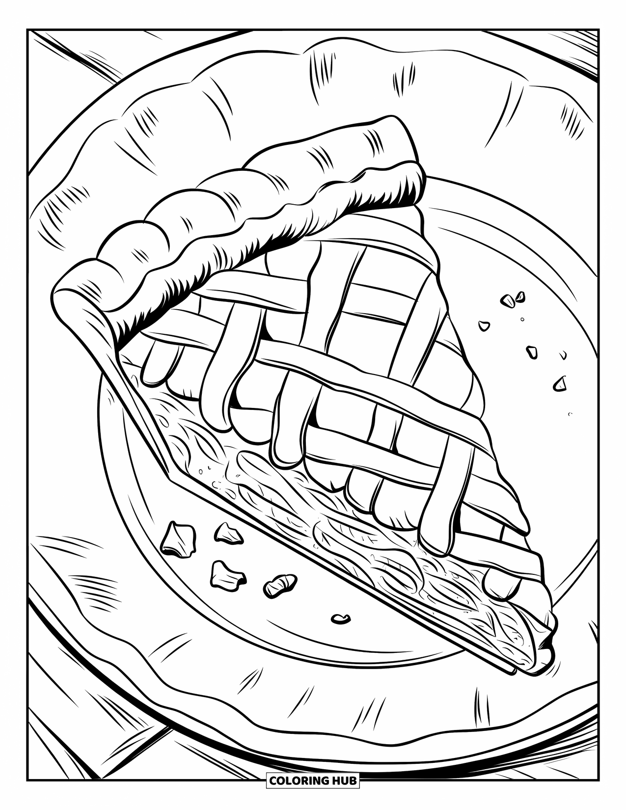 Coloriage d'aliments pour adultes : une part de tarte avec des miettes et des rayures sur une assiette usée