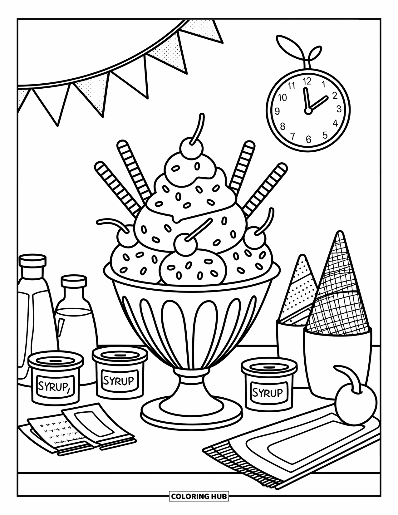 Coloriage d'aliments pour adultes : un sundae à trois boules, de la crème fouettée, des cerises et des garnitures dans de jolis pots