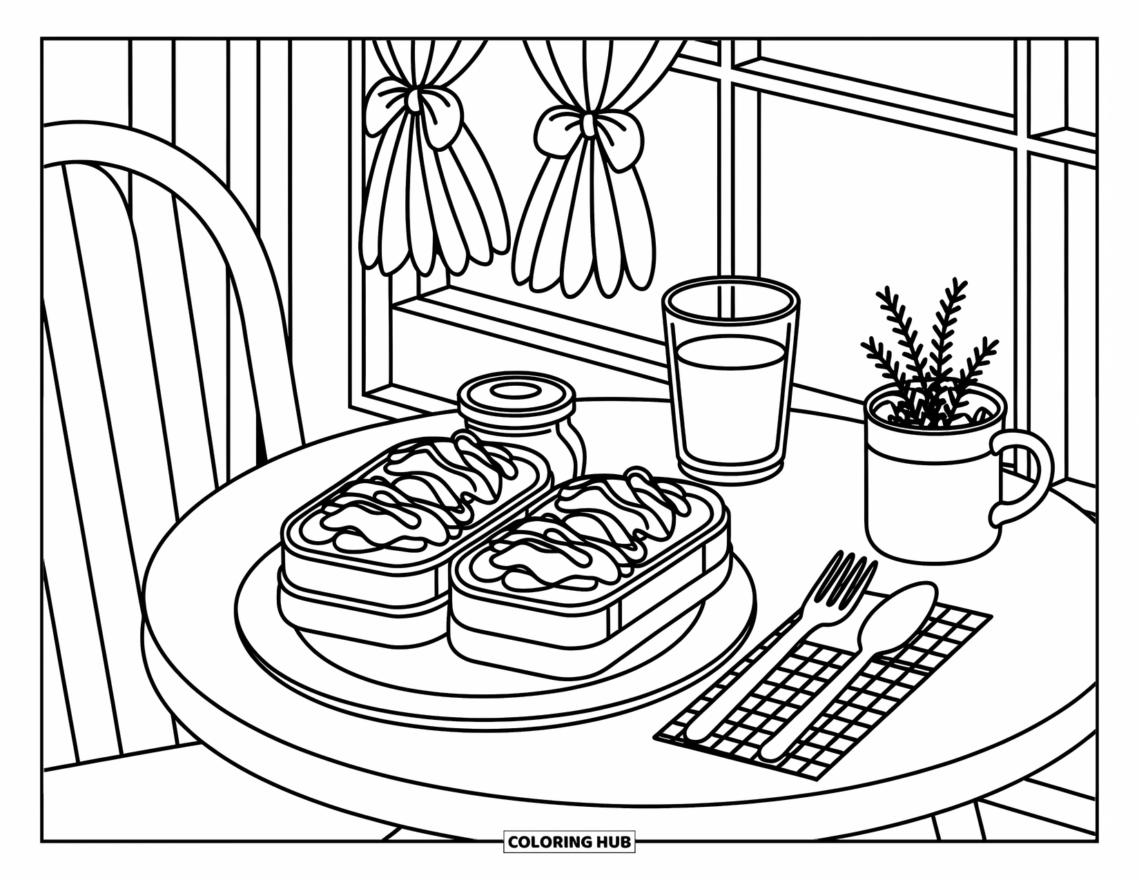 Coloriage d'aliments pour adultes : une scène de café chaleureuse avec des toasts, du jus et une petite plante en pot près de la fenêtre