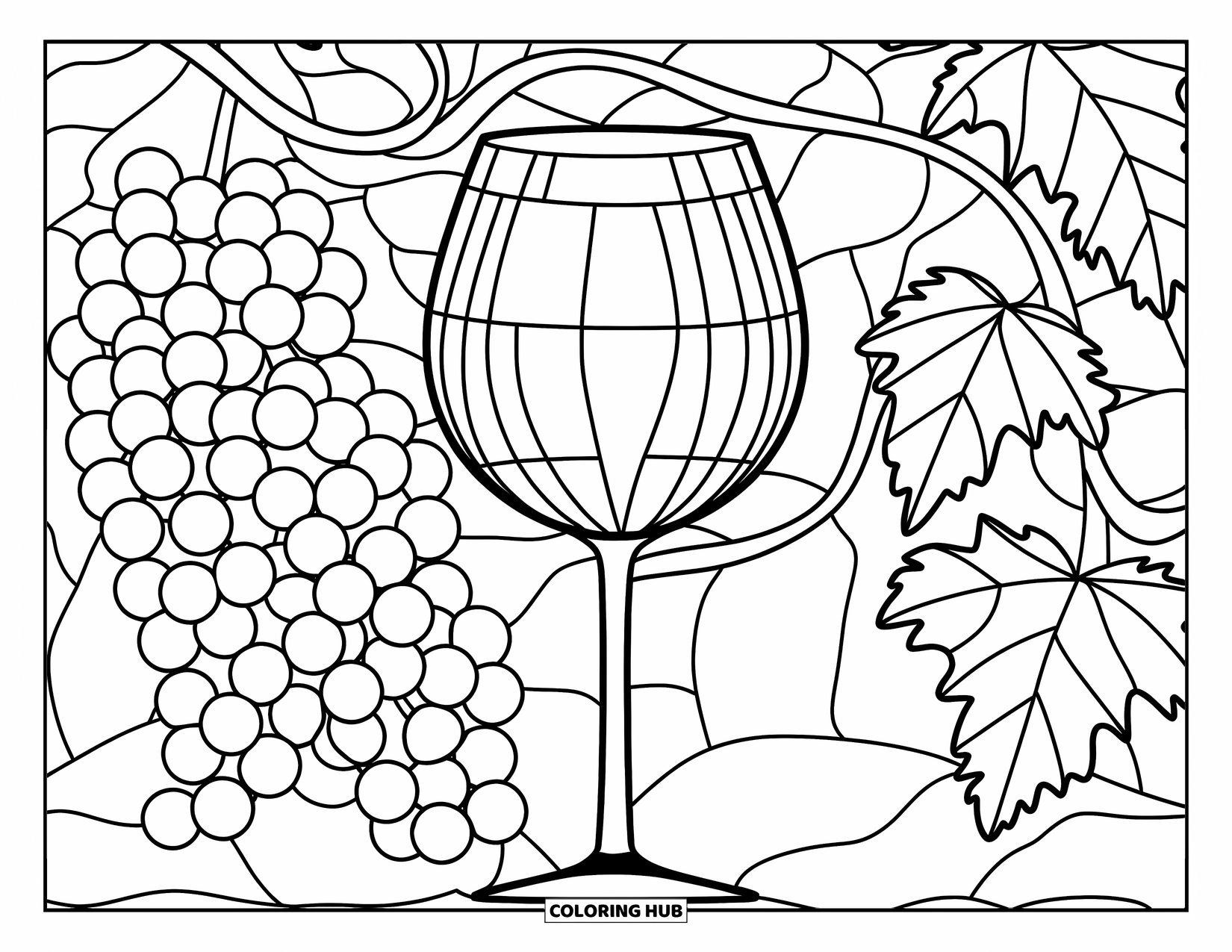 Coloriage d'aliments pour adultes : un verre de vin avec des raisins entourés de vignes dans un motif de vitrail
