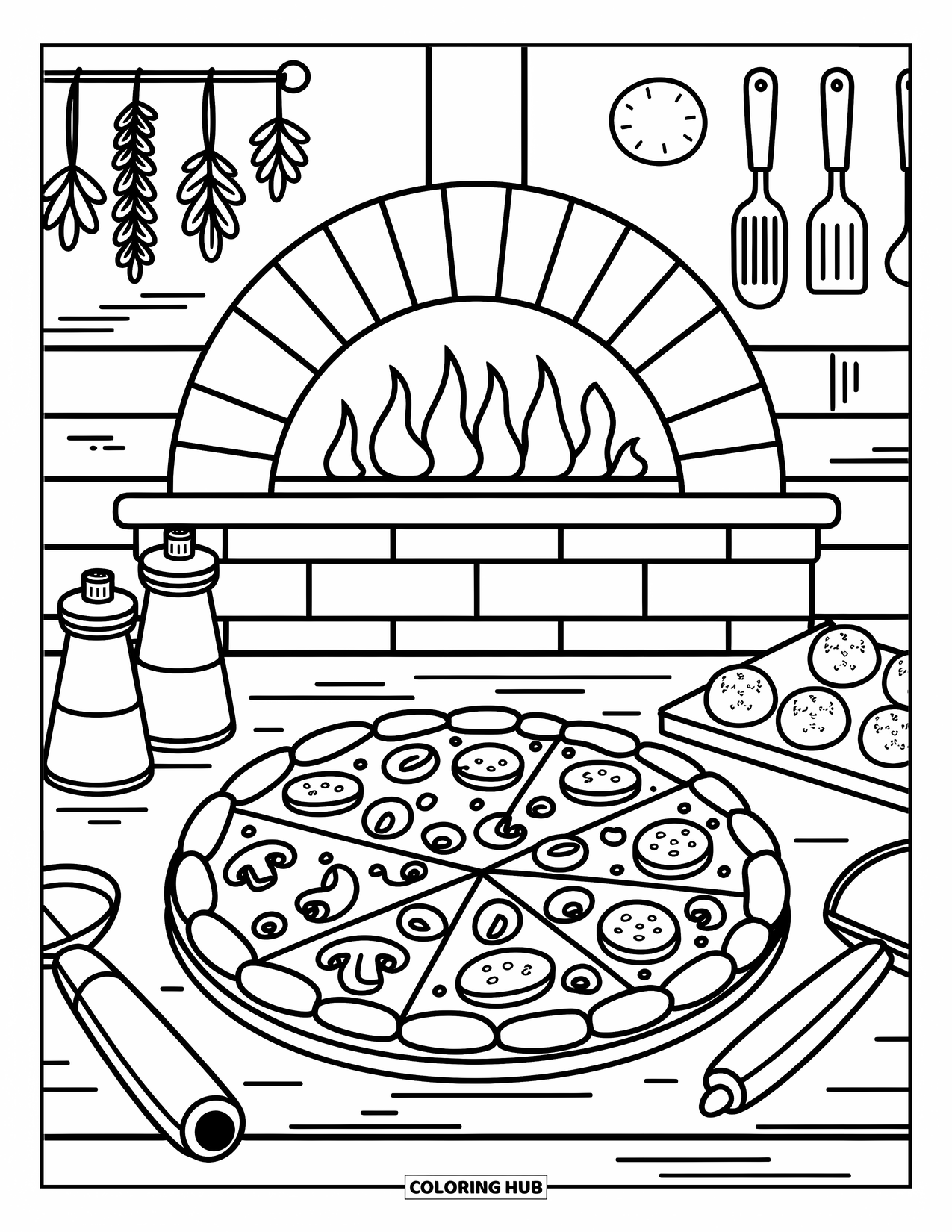 Coloriage d'aliments pour adultes : pizza au fromage et nœuds à l'ail chauds près d'un four lumineux et d'herbes suspendues