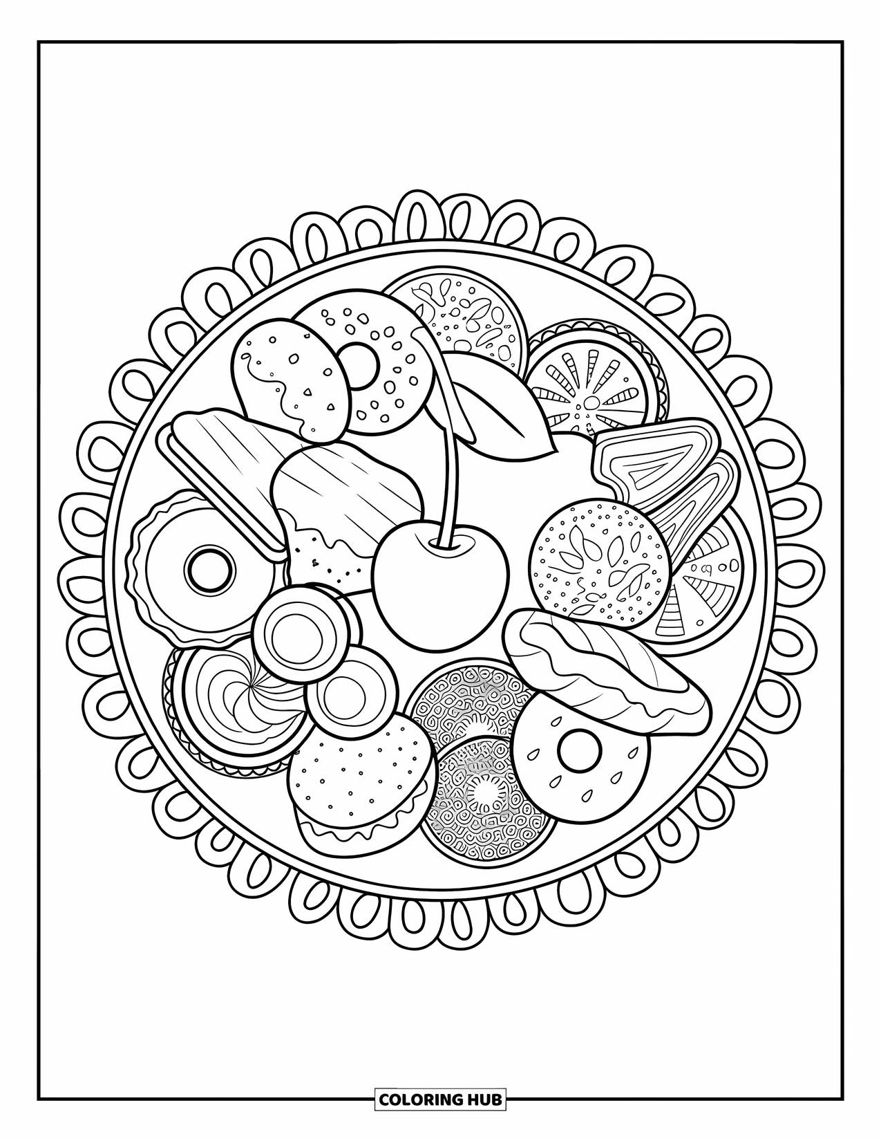 Coloriage d'aliments pour adultes : mandala centré sur la cerise de divers desserts avec une bordure décorative