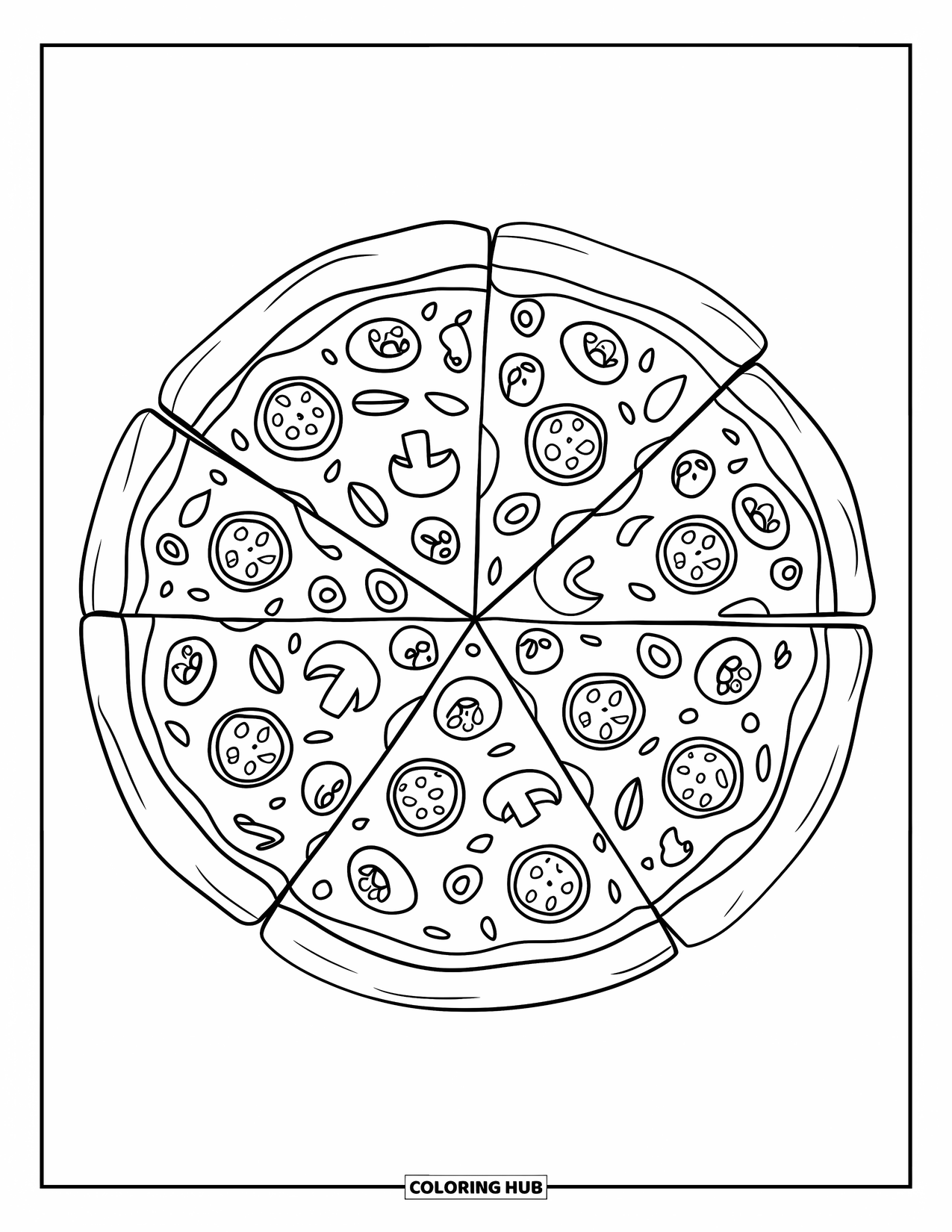 Coloriage d'aliments pour adultes : mandala circulaire de pizza avec des garnitures comme du pepperoni, des champignons et des olives