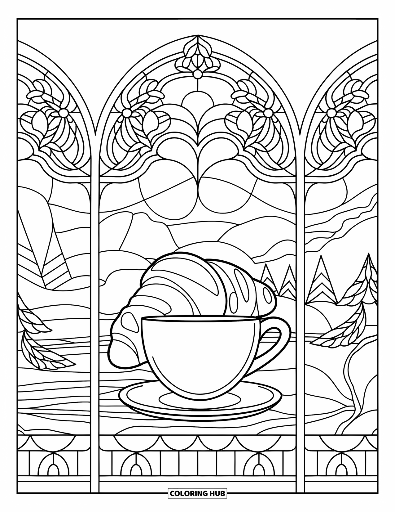 Coloriage d'aliments pour adultes : croissant et tasse de café entourés d'arches florales et d'une vue paisible sur l'extérieur
