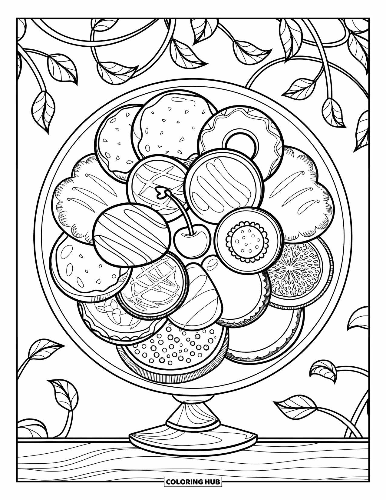 Coloriage d'aliments pour adultes : plateau de desserts avec des bonbons dans un motif circulaire et un fond feuillu