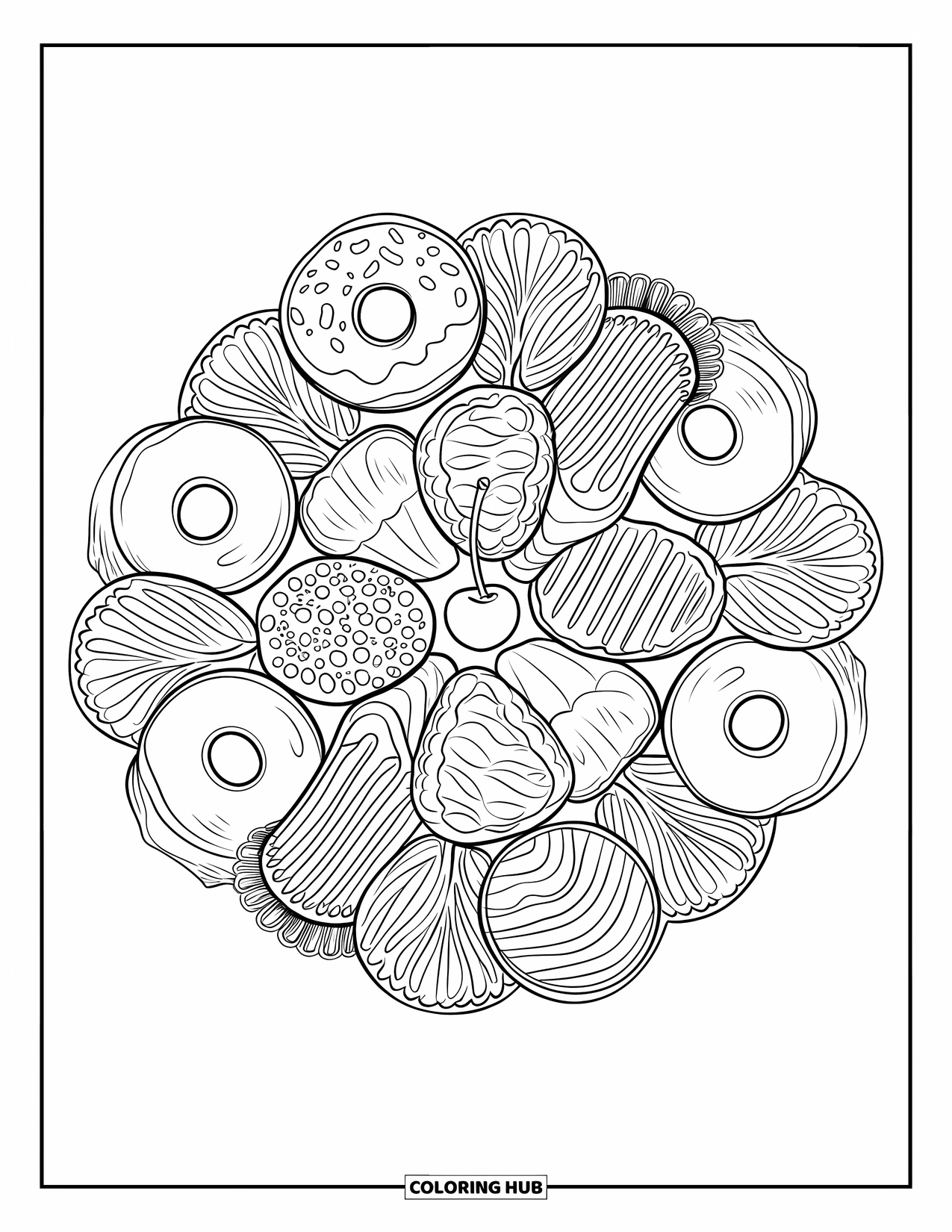 Coloriage d'aliments pour adultes : des desserts comme des beignes et des biscuits encerclant une cerise dans un mandala amusant
