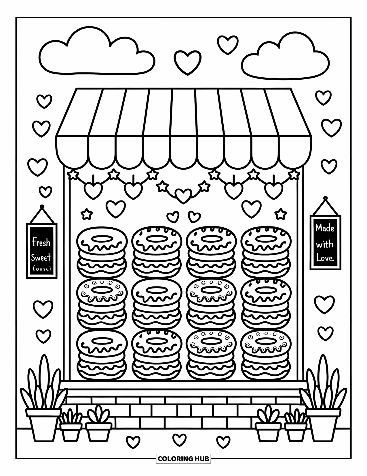 Coloriage d'aliments pour adultes : présentoir de beignes avec glaçage et vermicelles dans une douce boulangerie avec des panneaux confortables