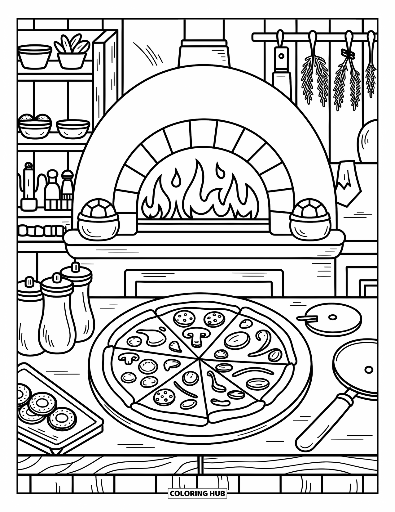 Coloriage d'aliments pour adultes : pizza fraîche, nœuds à l'ail et ustensiles de cuisine près d'un four confortable dans une pizzeria rustique
