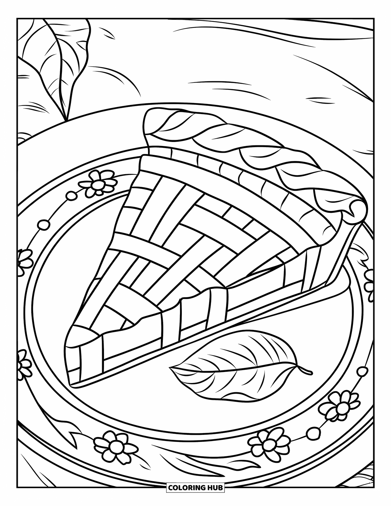 Coloriage d'aliments pour adultes : part de tarte sur une assiette florale avec une feuille et une baie dans un motif de mosaïque