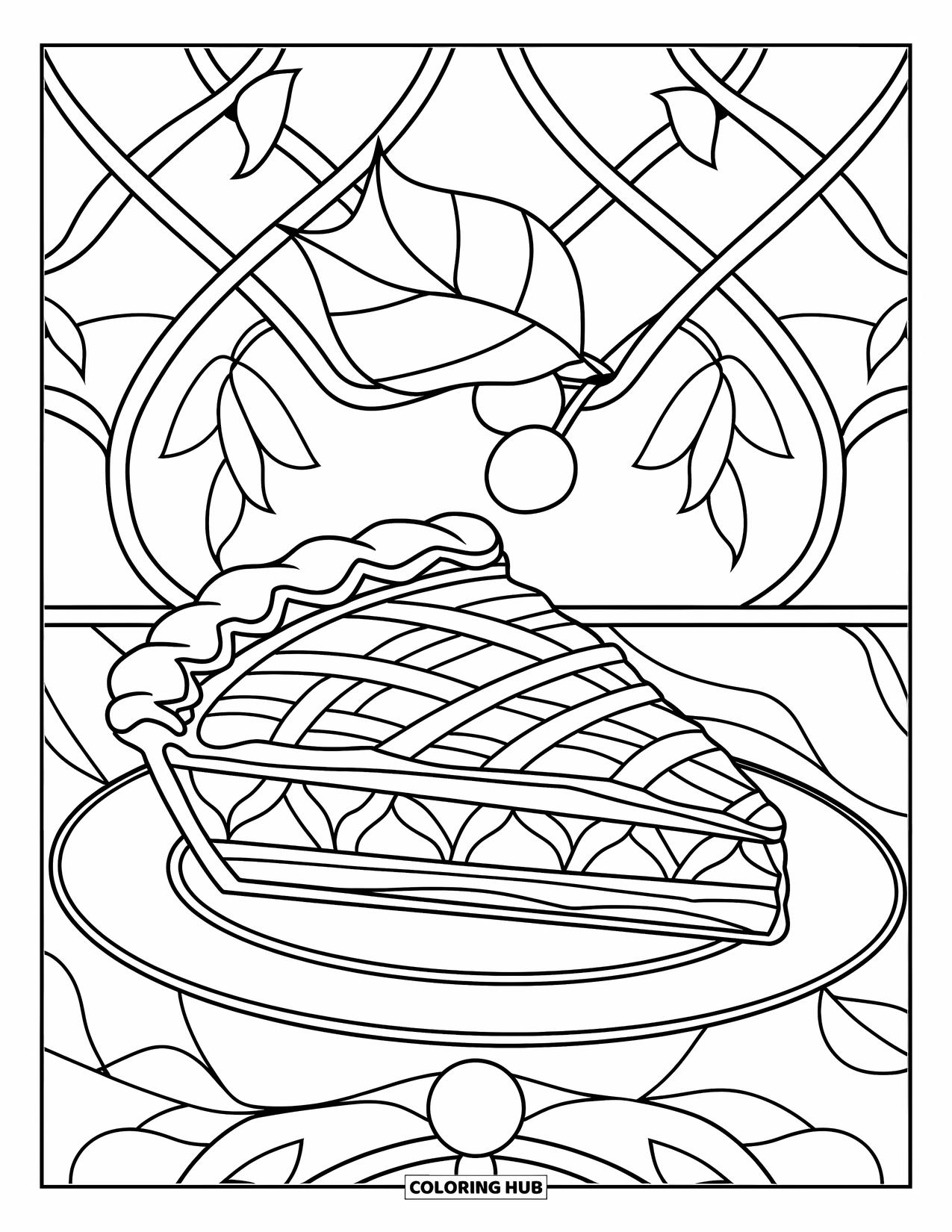 Coloriage d'aliments pour adultes : part de tarte avec une croûte à treillis fantaisie sur une assiette de style vitrail