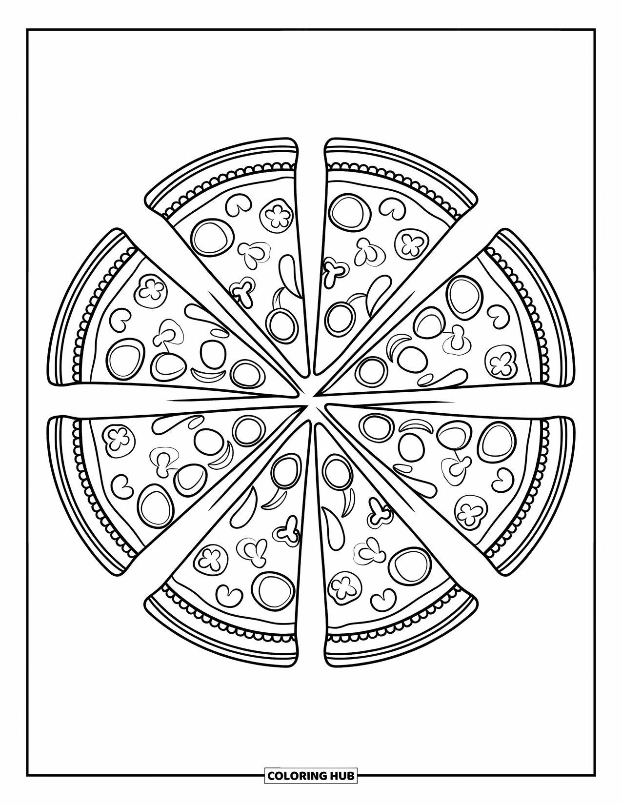Coloriage d'aliments pour adultes : mandala de part de pizza avec différentes garnitures dans une disposition circulaire amusante