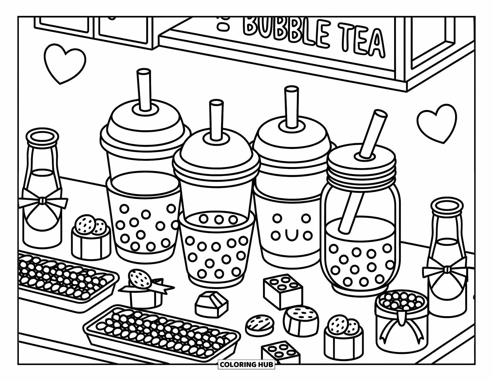 Coloriage d'aliments pour adultes : des tasses de bubble tea ludiques, des garnitures et de jolis bocaux créent une station de boissons amusante