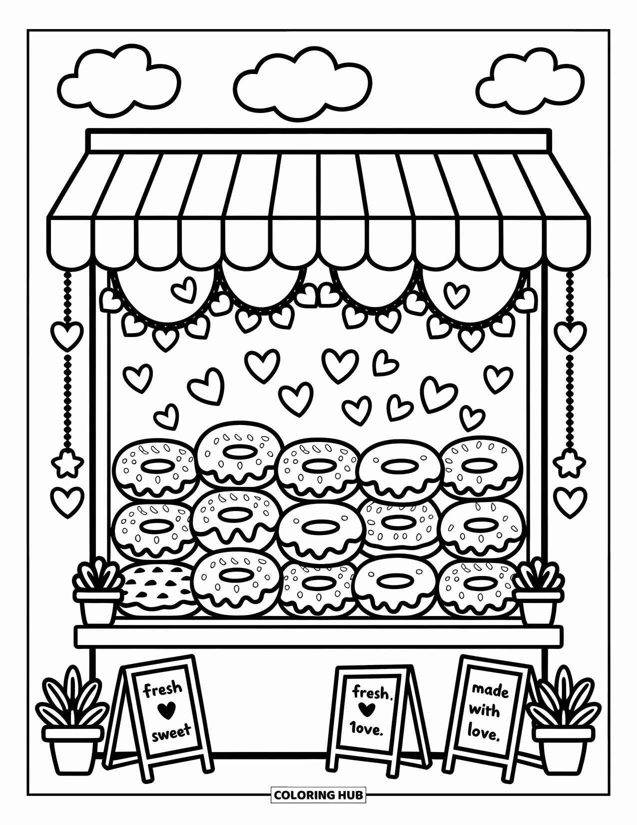 Coloriage d'aliments pour adultes : des beignes empilés derrière une vitrine de boulangerie avec des cœurs, des étoiles et des panneaux sucrés