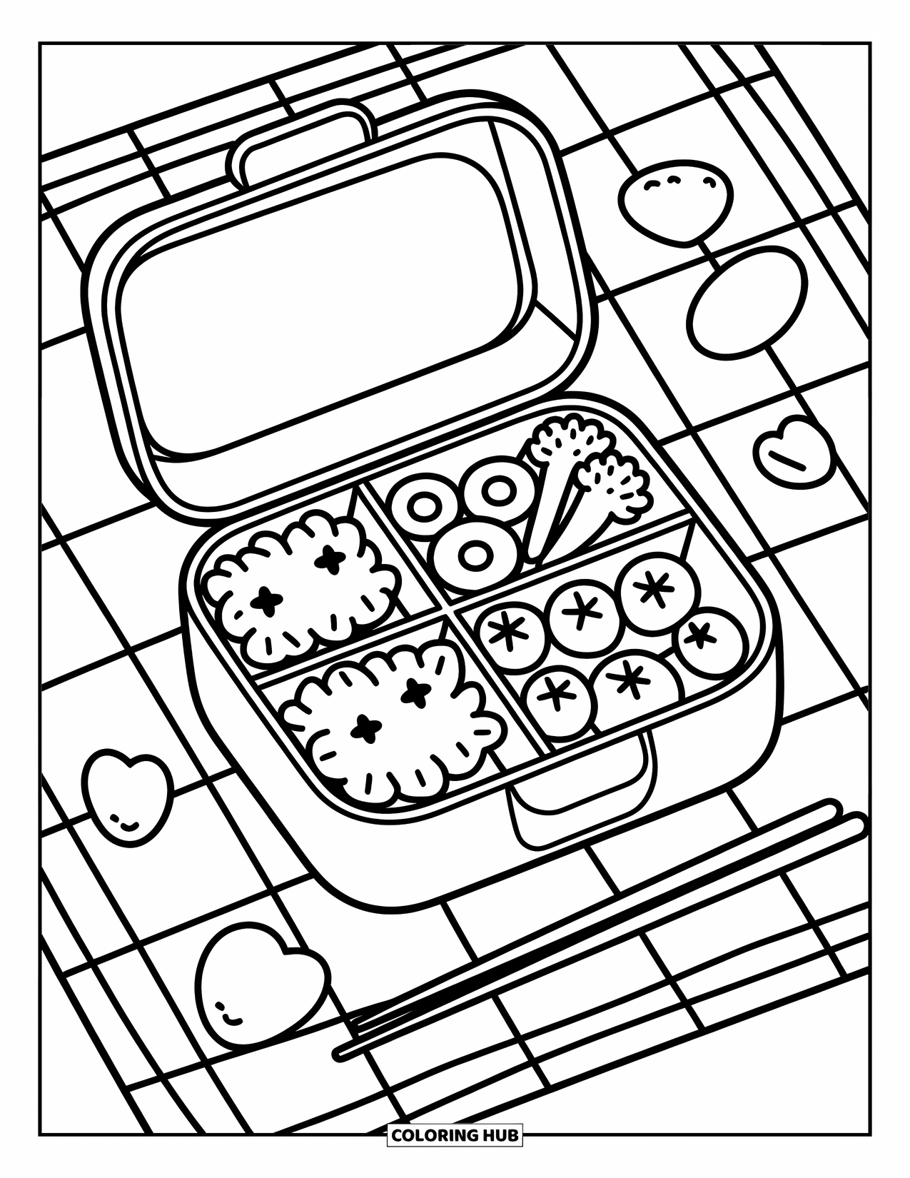 Coloriage d'aliments pour adultes : riz en forme d'étoile et mini-saucisses dans une boîte à bento posée sur un tissu de pique-nique