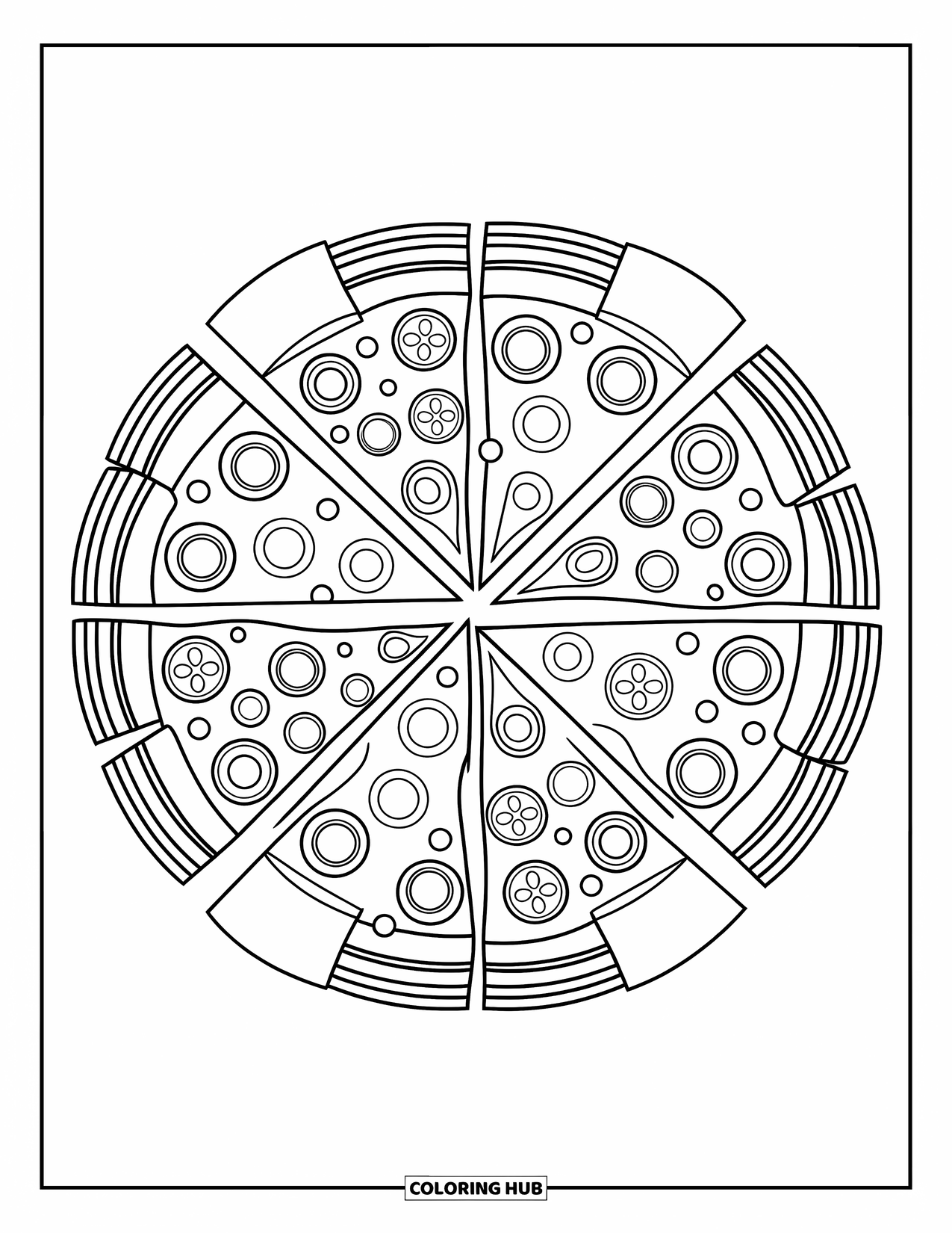 Coloriage d'aliments pour adultes : mandala symétrique de part de pizza avec une variété de garnitures et de bordures