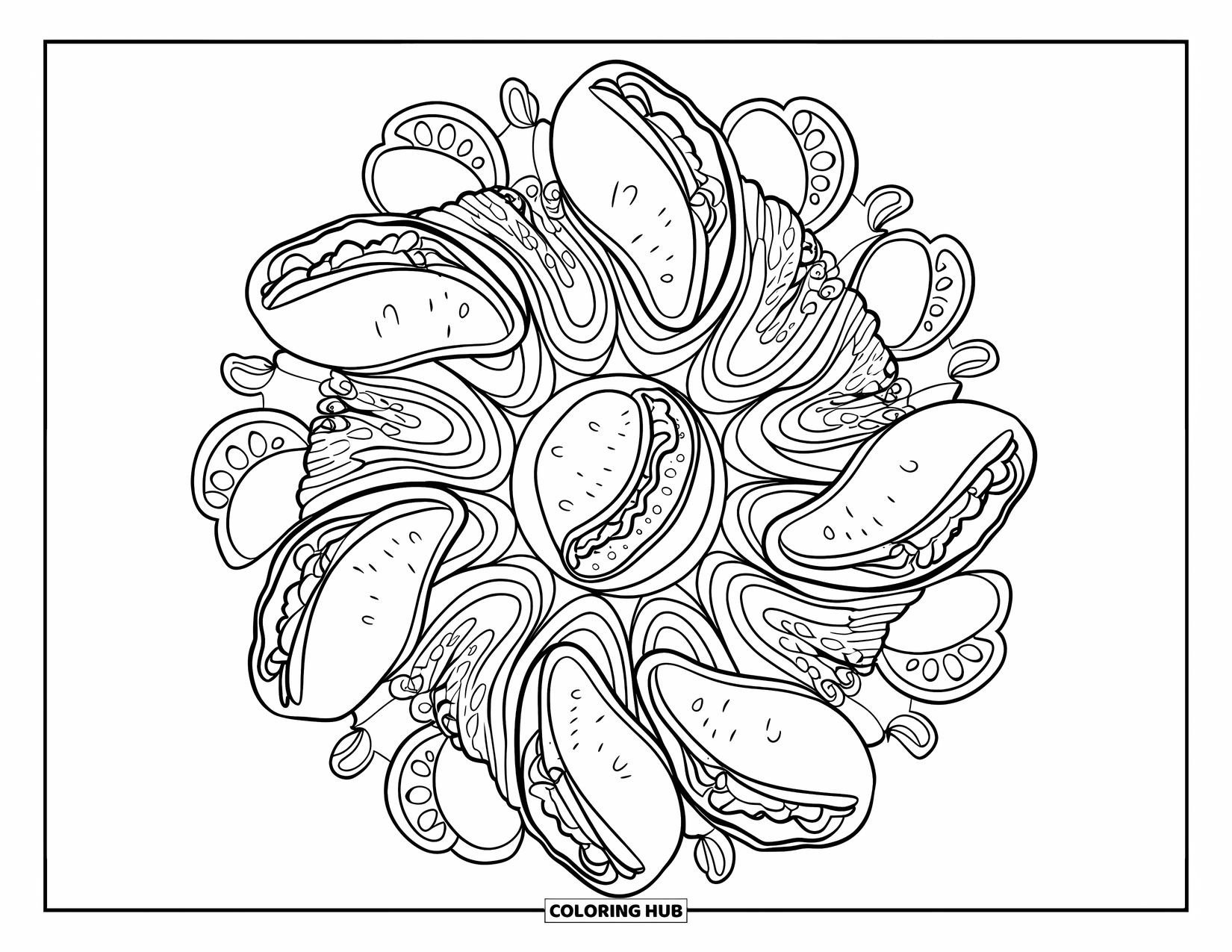 Coloriage d'aliments pour adultes : mandala de tacos et de nachos avec des bols de guacamole et des quartiers de lime dans une disposition circulaire