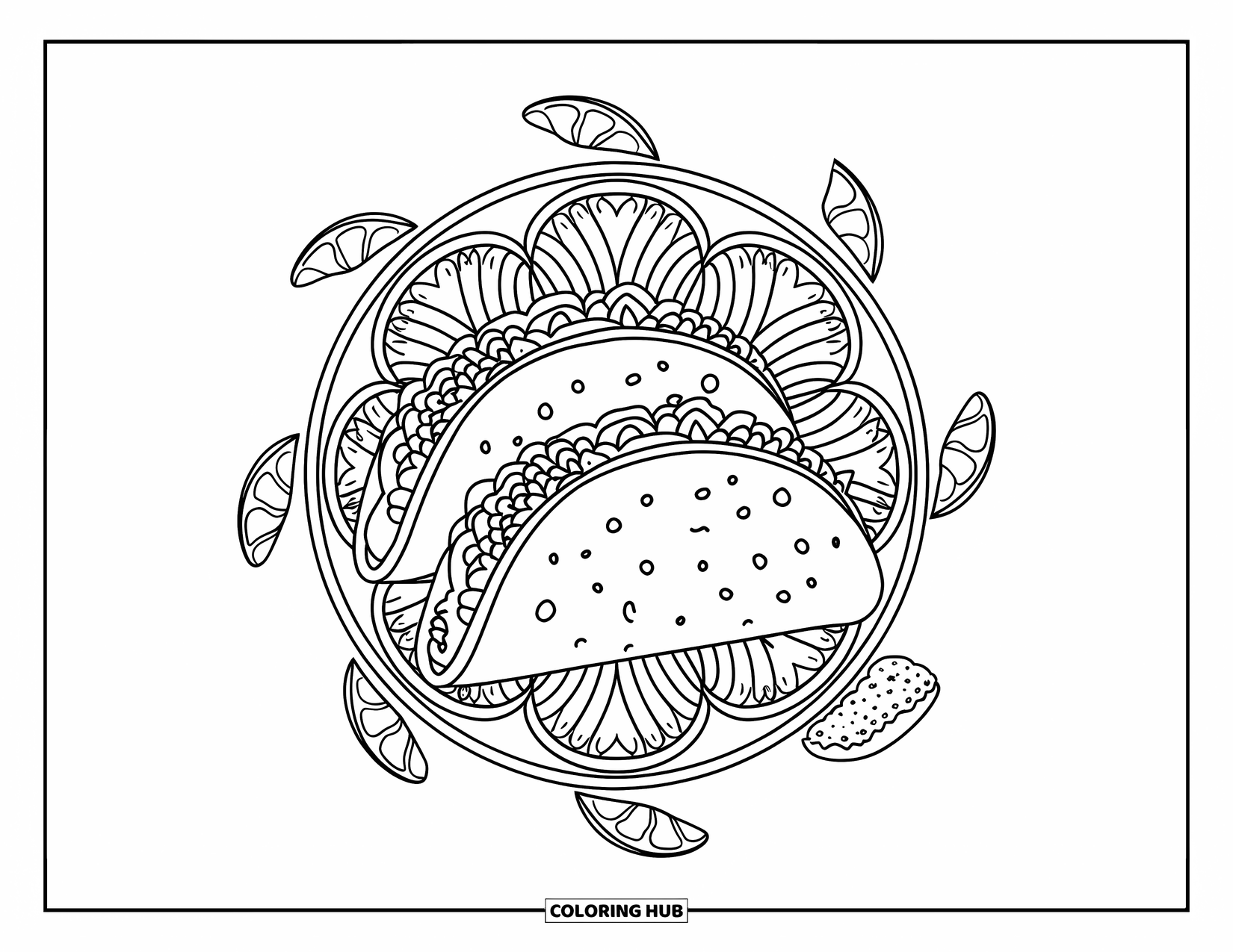 Coloriage d'aliments pour adultes : motifs de tacos et de nachos dans un mandala circulaire amusant avec des limes et du guacamole