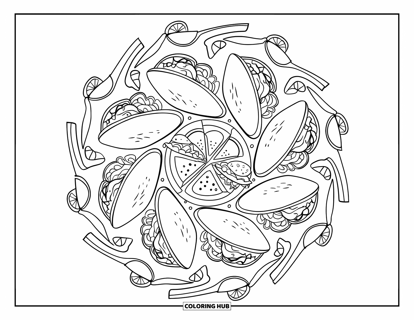 Coloriage d'aliments pour adultes : tacos et nachos disposés dans un mandala amusant avec du guacamole et des quartiers de lime