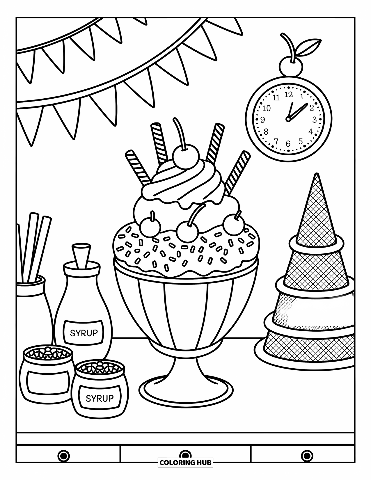 Coloriage d'aliments pour adultes : un sundae à trois boules avec des garnitures, des cornets et une horloge en forme de cerise sur le mur