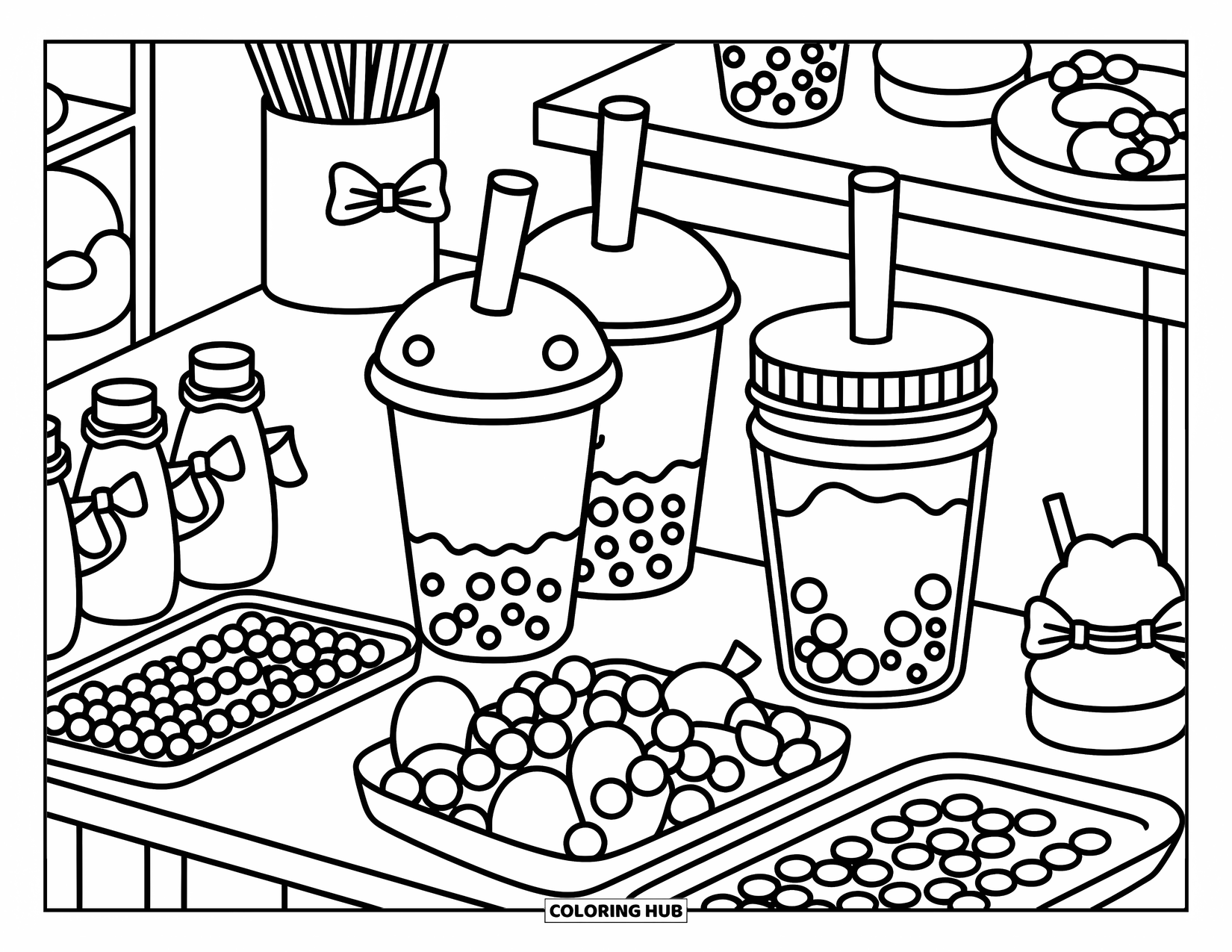 Coloriage d'aliments pour adultes : des tasses de bubble tea fantaisistes avec des garnitures, des pailles et de jolies bouteilles de sirop exposées