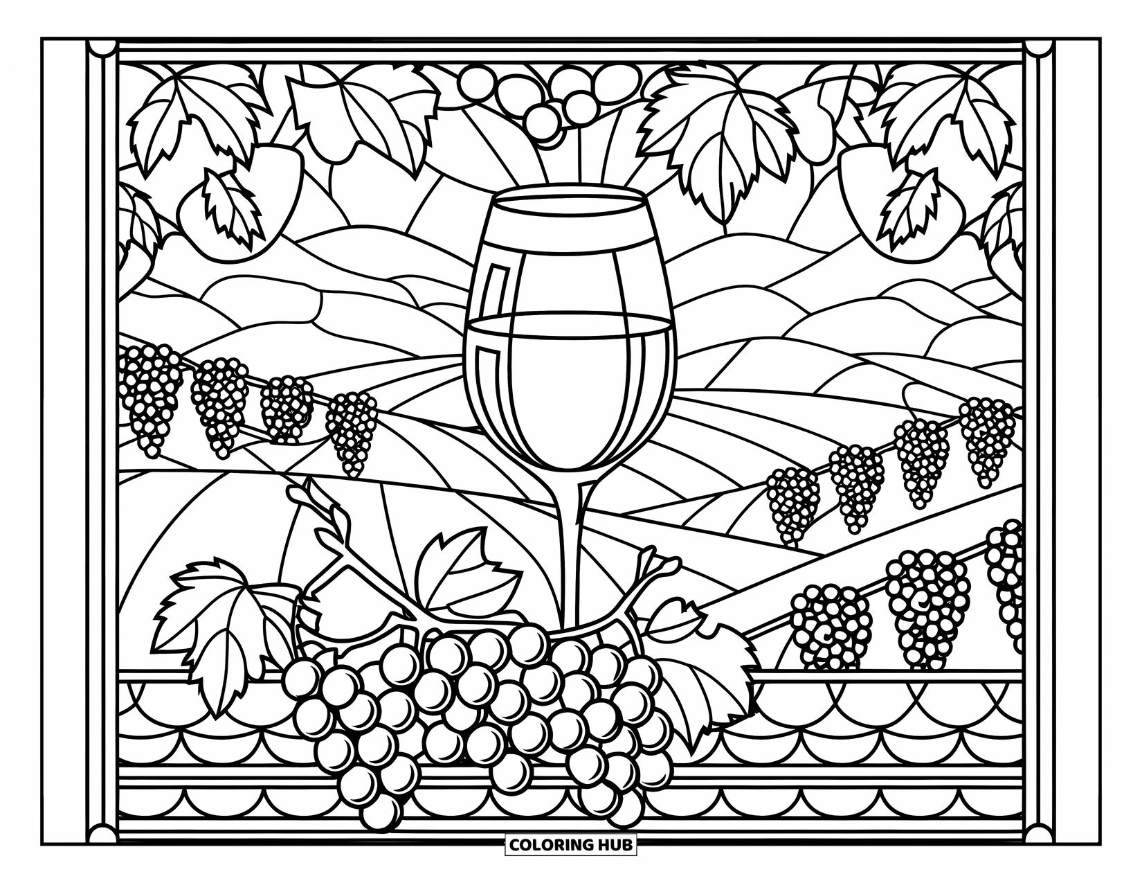 Coloriage d'aliments pour adultes : verre de vin et vignes avec un paysage vallonné pittoresque en arrière-plan dans un style vitrail
