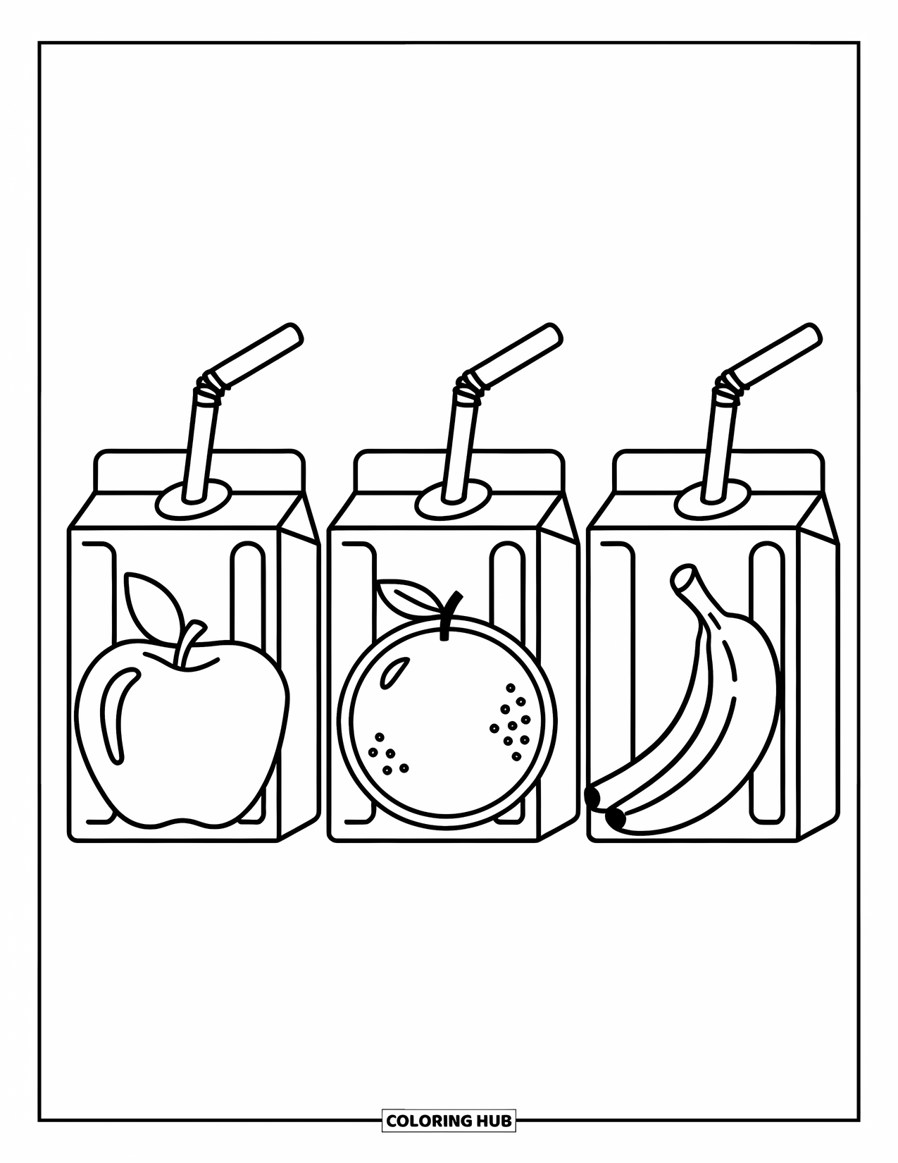 Coloriage d'aliments pour enfants : Boîtes de jus de pomme, d'orange et de banane soigneusement alignées
