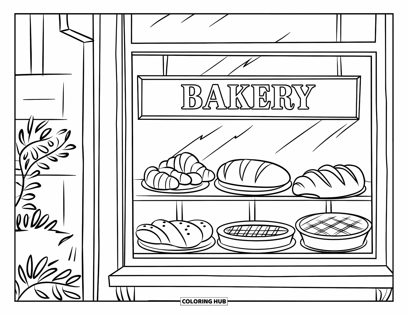 Coloriage d'aliments pour enfants : Vitrine de boulangerie remplie de tartes, de croissants et de miches de pain