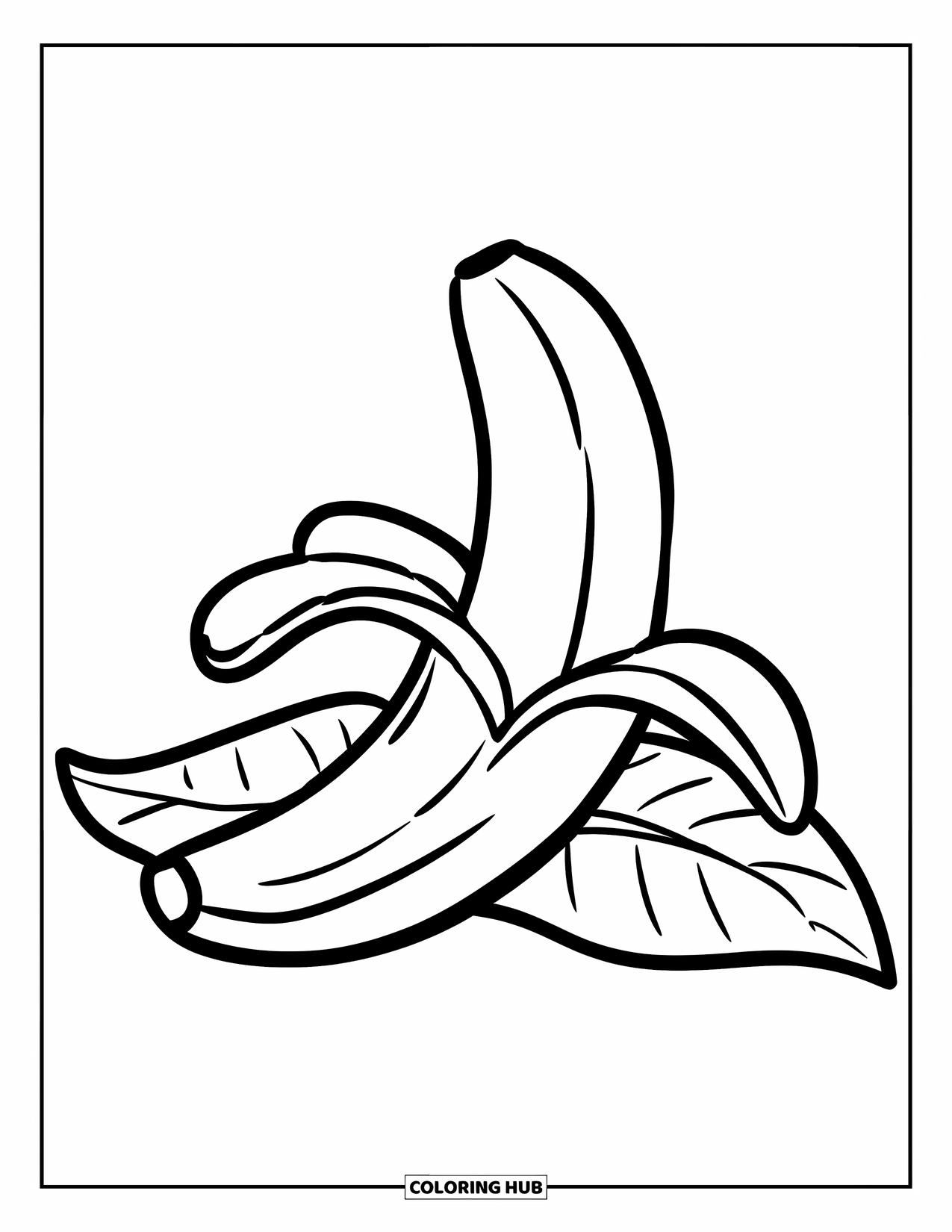 Coloriage d'aliments pour enfants : Grosse banane pelée à moitié, reposant sur une feuille