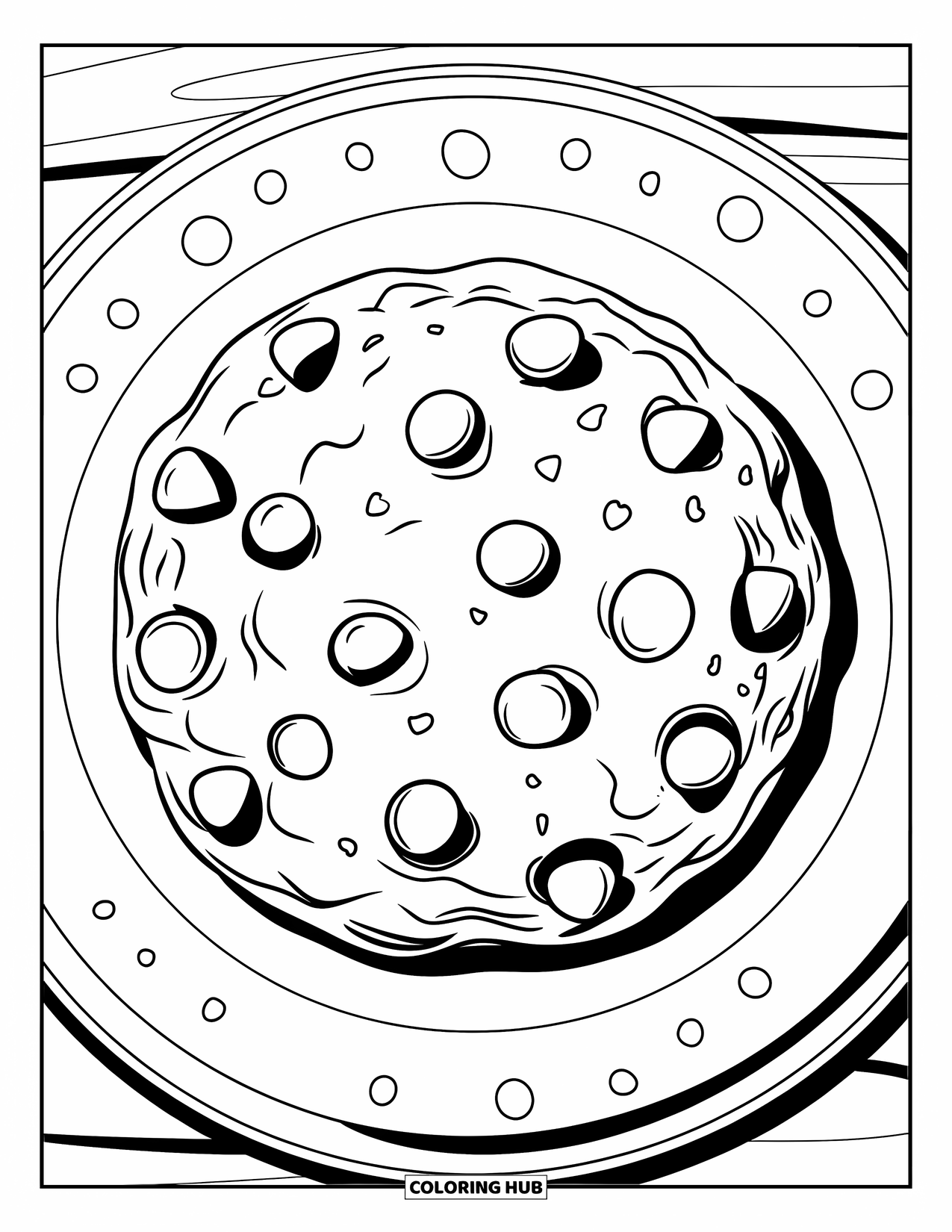 Coloriage d'aliments pour enfants : Gros biscuit avec des pépites espacées sur une assiette et des accents pointillés