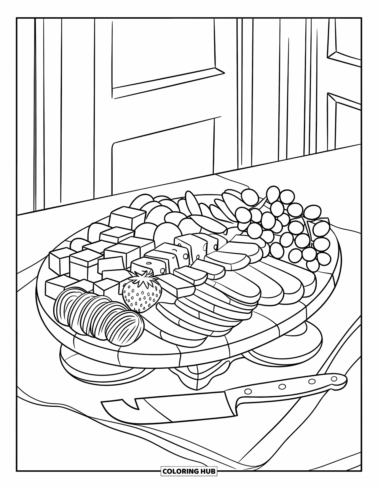 Coloriage d'aliments pour enfants : Planche avec des cubes de fromage, des fruits, des craquelins et un couteau sur le côté