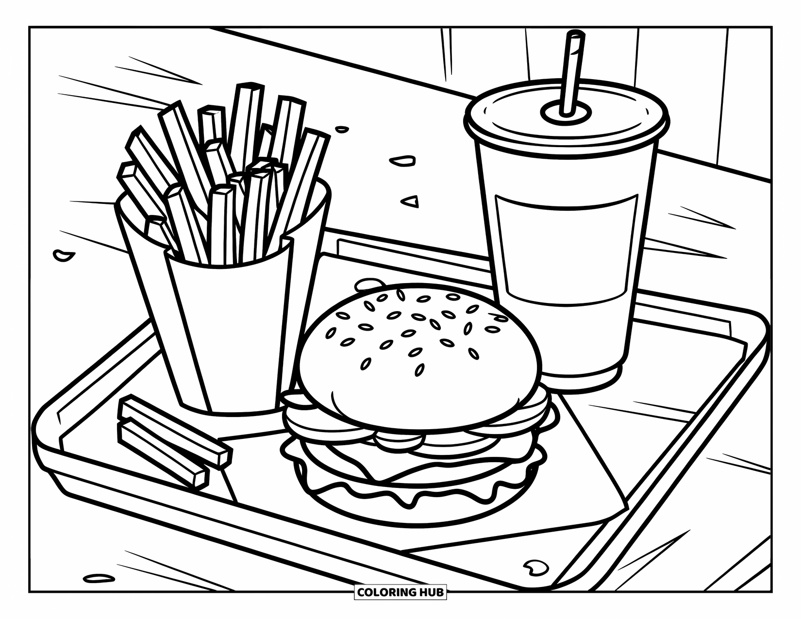 Coloriage d'aliments pour enfants : un menu burger avec des frites et une boisson sur un plateau avec quelques miettes