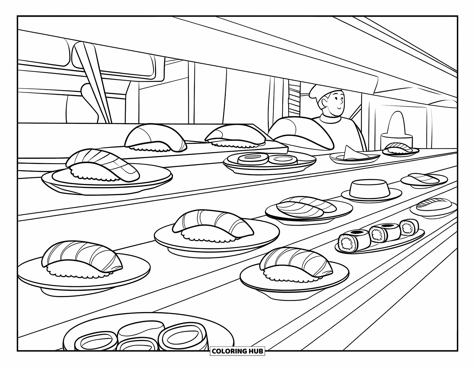 Coloriage d'aliments pour enfants : Bande de sushis animée avec des rouleaux, des sashimis et un chef au travail