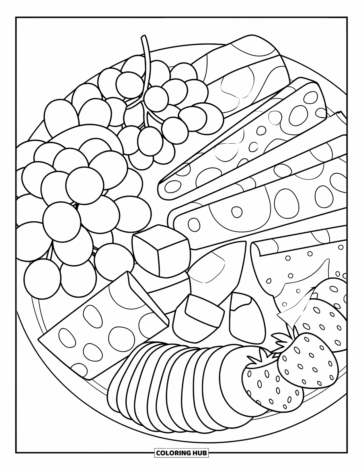 Coloriage d'aliments pour enfants : Planche de charcuterie avec des viandes, du fromage, des fruits et des craquelins soigneusement disposés