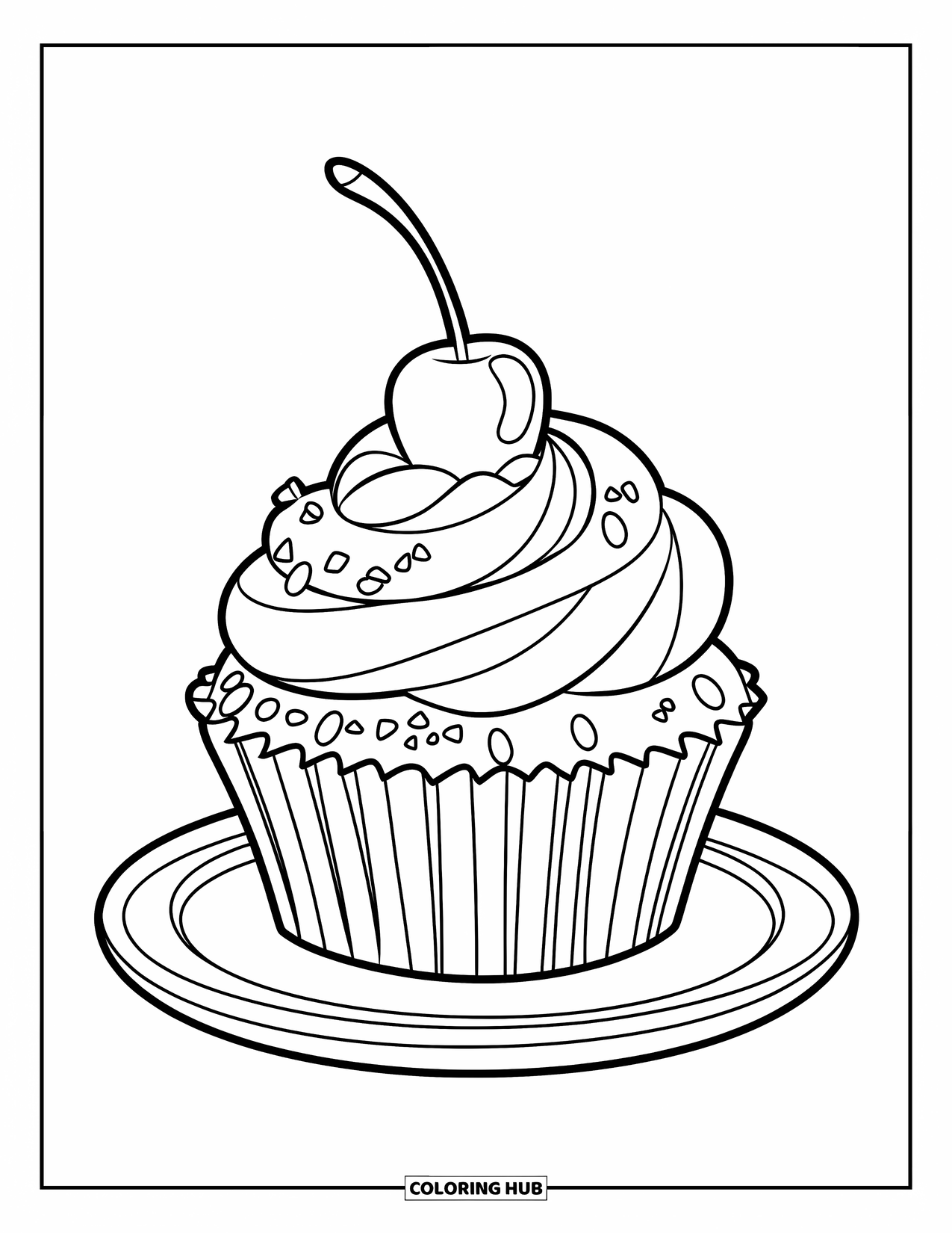 Coloriage d'aliments pour enfants : Cupcake garni de cerises avec des vermicelles de sucre sur une assiette blanche