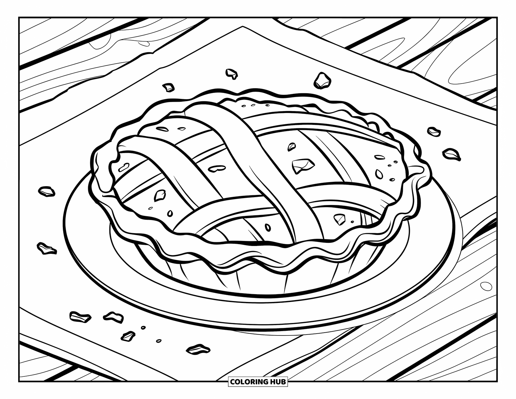 Coloriage d'aliments pour enfants : Tarte classique sur une table en bois avec quelques miettes