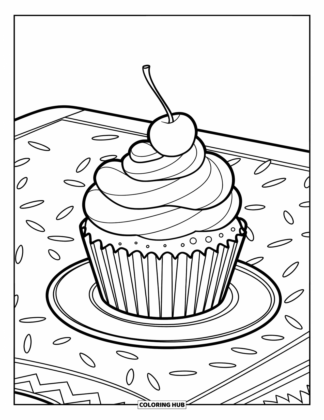 Coloriage d'aliments pour enfants : Cupcake sur une table avec des vermicelles et un dessus tourbillonnant